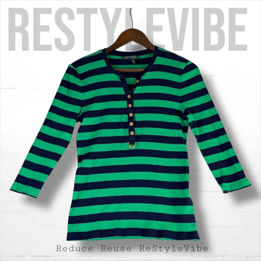 LAUREN RALPH LAUREN Women’s Size M Top Shirt 1/2 Sleeve Striped Henley Style